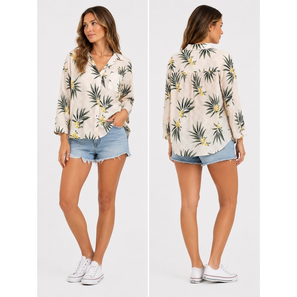 ONLY Button Down Shirt Women XXL Pink Tropical Floral Palm Leaf Summer Blouse